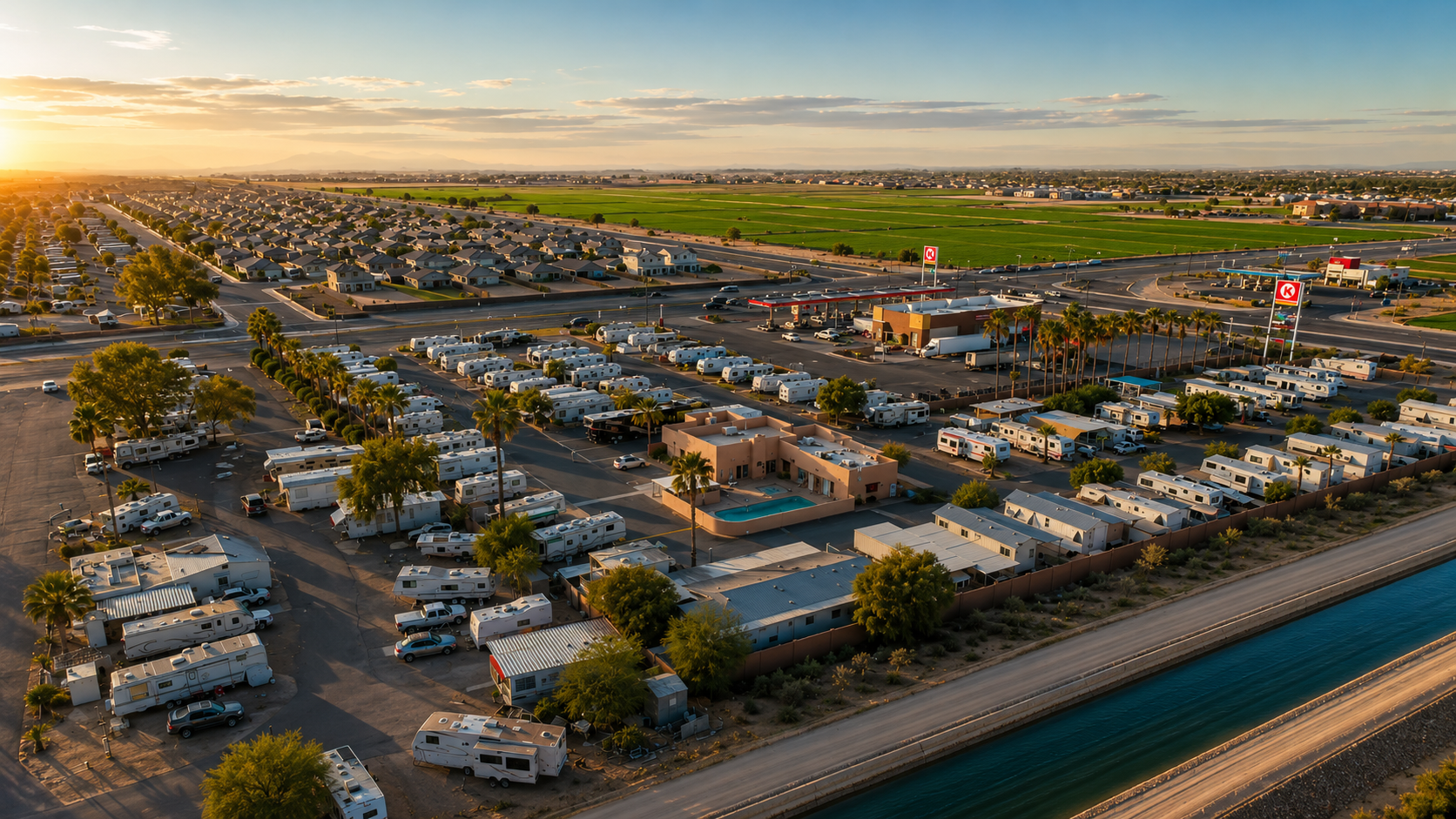 Aerial view of Windhaven RV Park at sunset in Yuma, Arizona